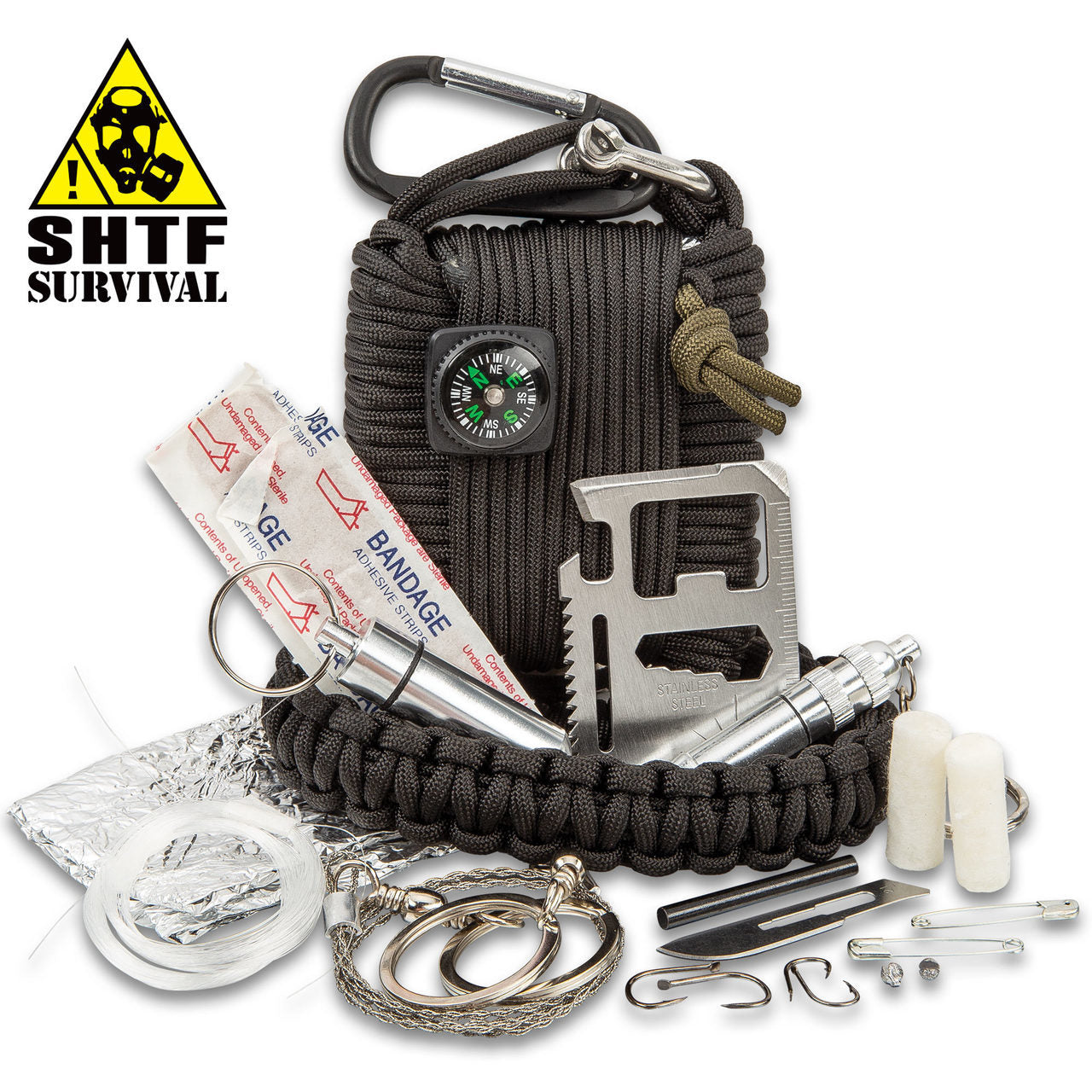 SHTF Paracord Survival Kit With Carabiner - 20 Piece Tool Kit – Survival-Belt  Disaster and Emergency Equipment and Knife Shop