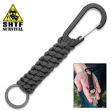 Load image into Gallery viewer, Black Paracord Key Chain With Carabiner - 300-LB Hand-Woven Paracord, Metal Key Ring - Length 5 3/4”